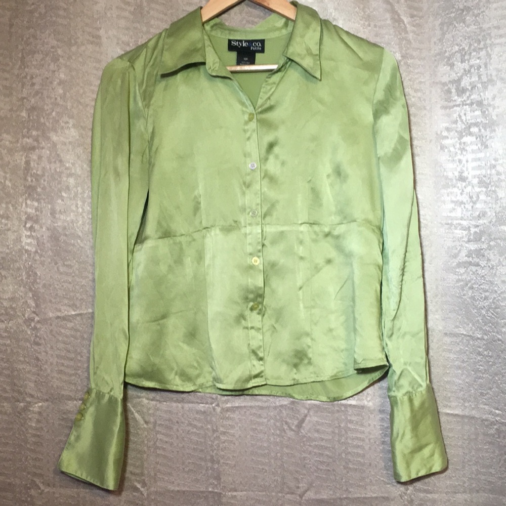Style & Co Lime Green 100% Silk Button Down Blouse